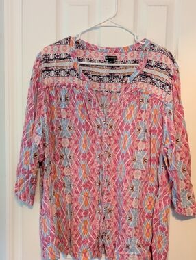 New Directions Pink Multi Boho V Neck Tie-Front Tunic Sz 2X